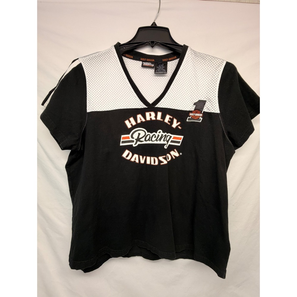 Harley Davidson Racing Shirt Womens 1W Black Mesh V-Neck Colorblock Tee